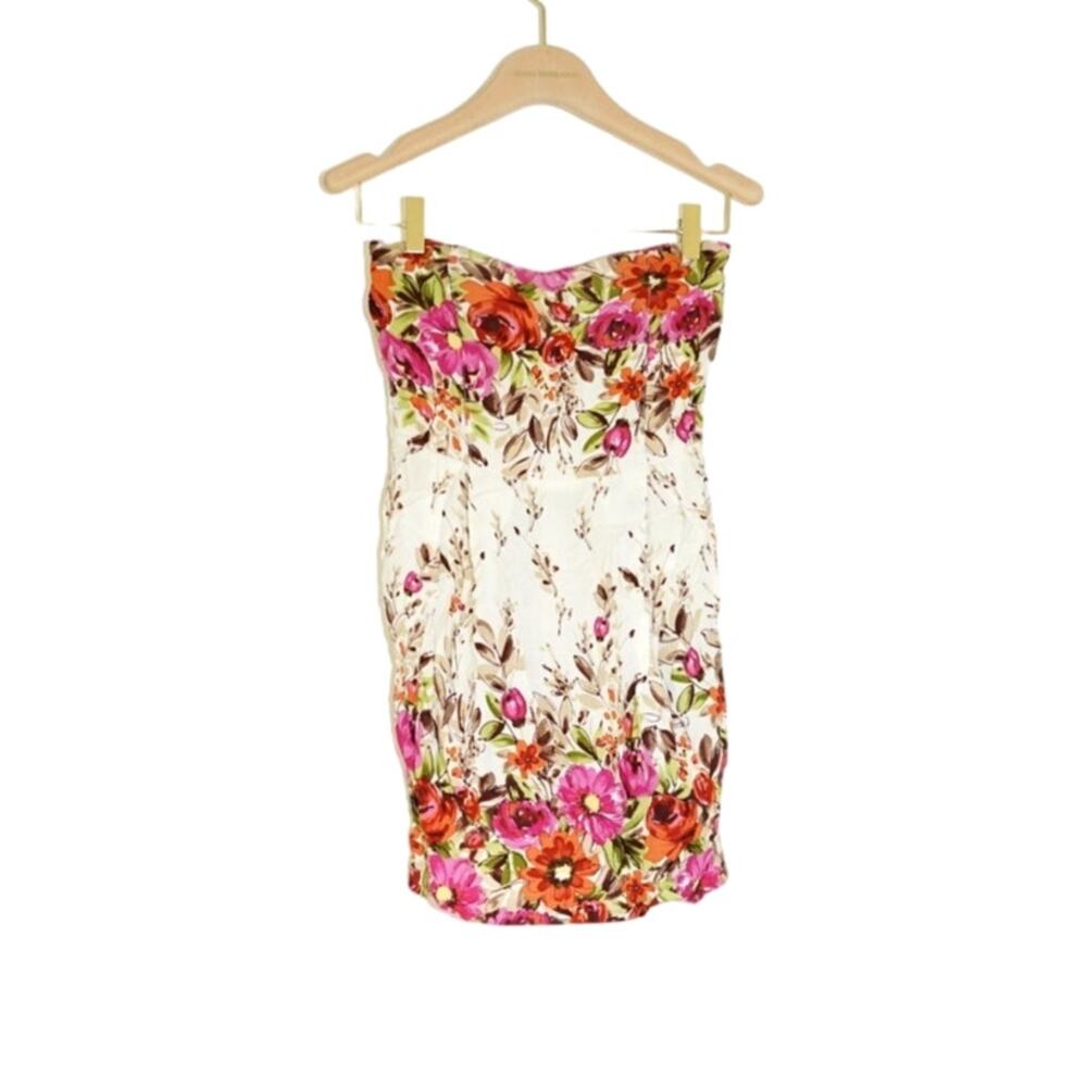 IXIA - Strapless Mini Dress in Floral Cream Pink Orange Green Print / Size S